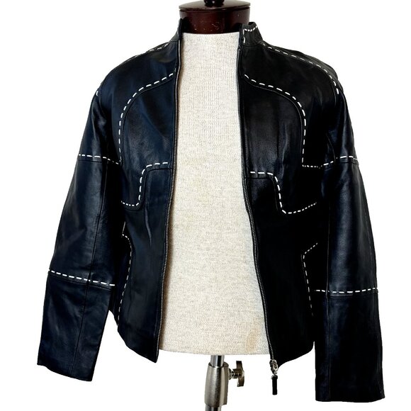 Pamela McCoy NWOT Size XS Black Genuine Leather Jacket, Full Front Zip - Picture 2 of 16